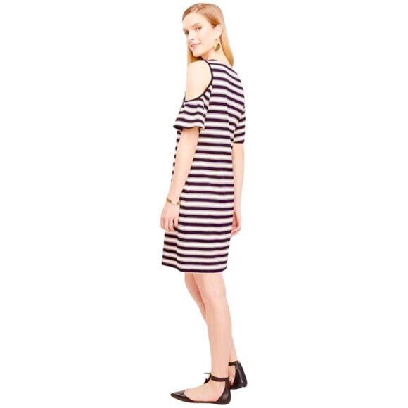 Ann Taylor Cold Shoulder Striped Flutter Dress Blue/Pink Size: Large Petite - Picture 7 of 9
